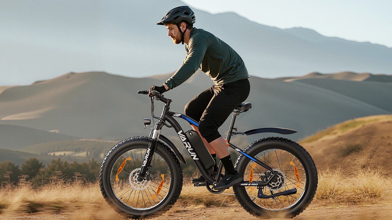 The man is riding the giant M26-2pro fat-tire mountain ebike to conqure wild land.